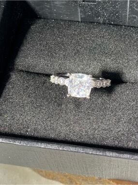 Sterling Silver Sparkling White Cushion-Cut CZ Engagement Ring with Pave Band